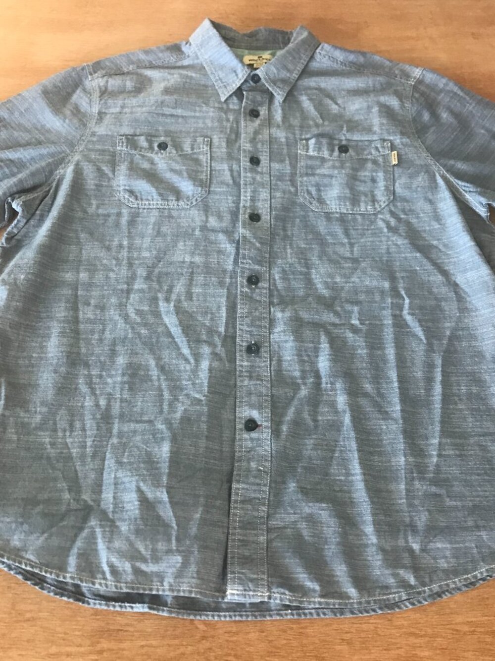 Woolrich Shirt Men XL Blue Chambray Button Up Pockets Short Sleeve Collared